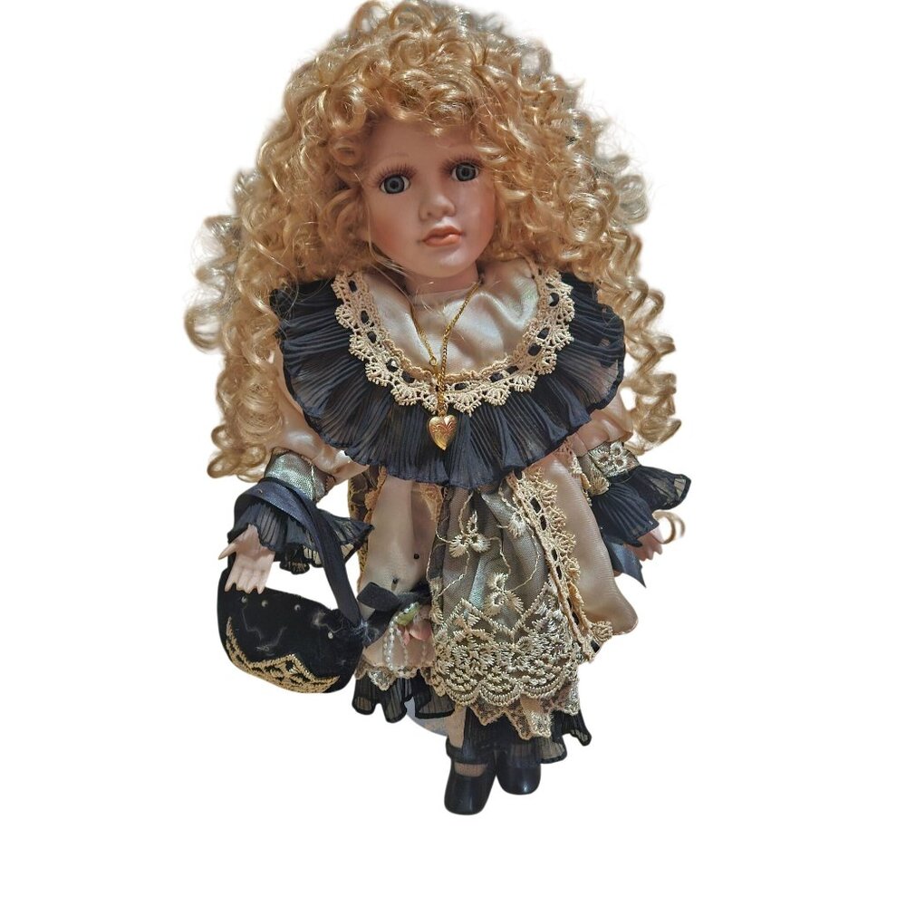 Vintage Porcelain Doll With Blonde Curls & Victorian-Style Outfit Lace Details G